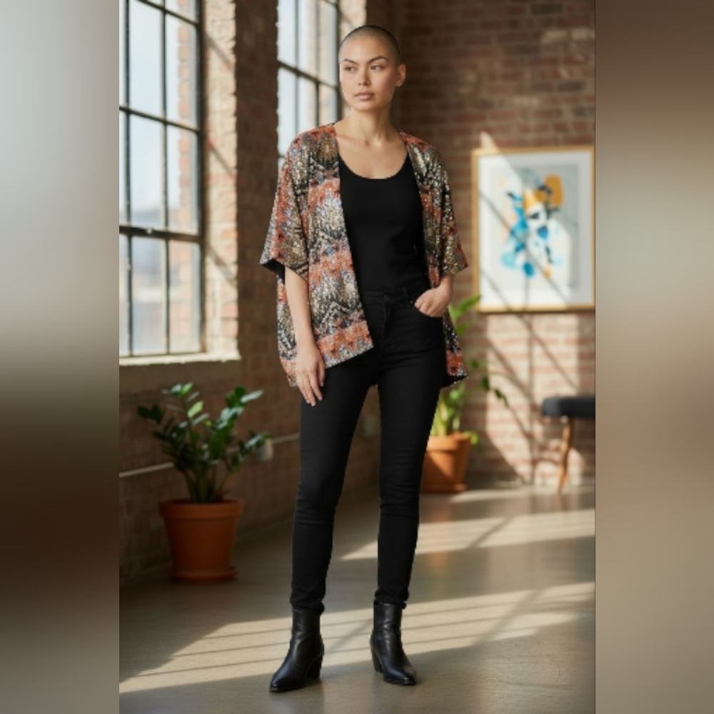 Entro Sequin Open Front Kimono Cardigan Southwestern  Sheer Back